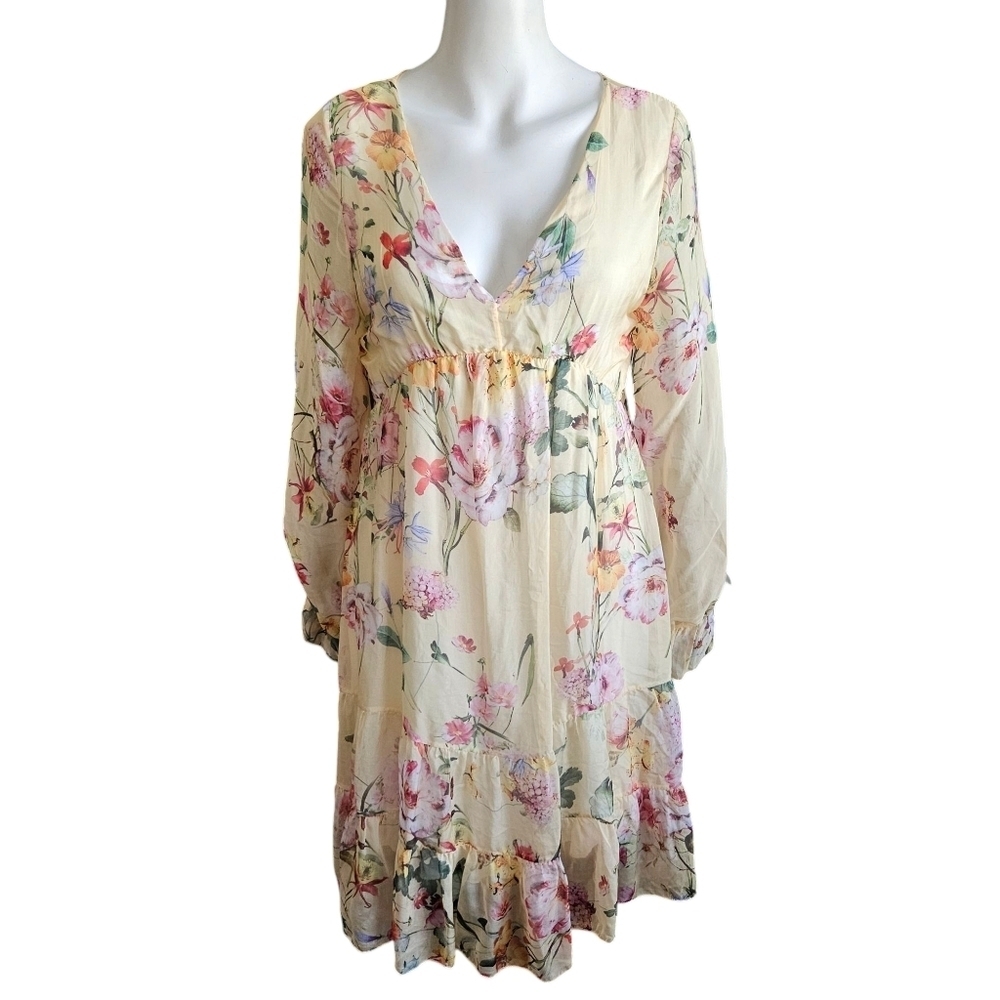 BELLAMBRA Silk Blend Tiered Hem Mini Dress Pale Yellow Floral Small Coquette
